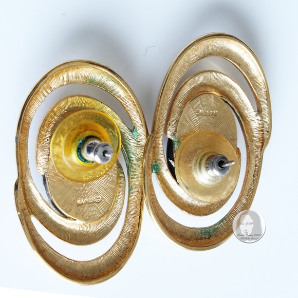 Vintage Napier Earrings Gold Metal Black Abstract Swirl Onyx Black Stones 80s - Picture 5 of 5